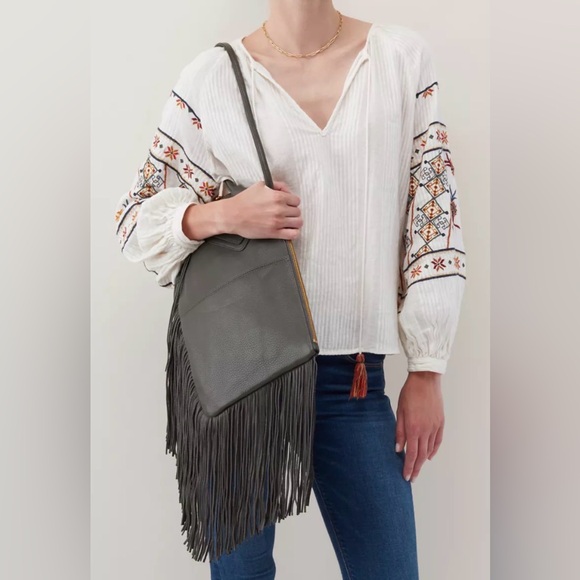 HOBO Gray Leather Stevie Fringe Clutch - Picture 2 of 13